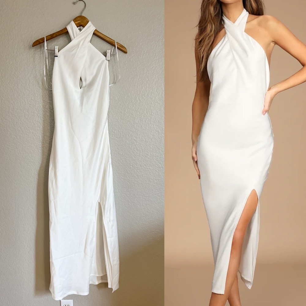 Classy White Satin Halter Midi Dress NWOT Small
